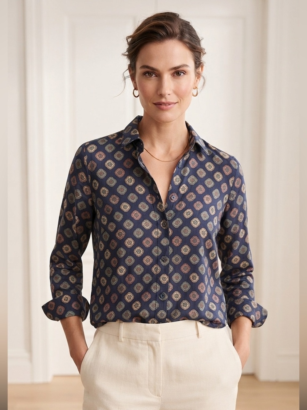 J. Crew Silk Cotton Blend Medallion Print Popover Blouse Navy Blue Size 6